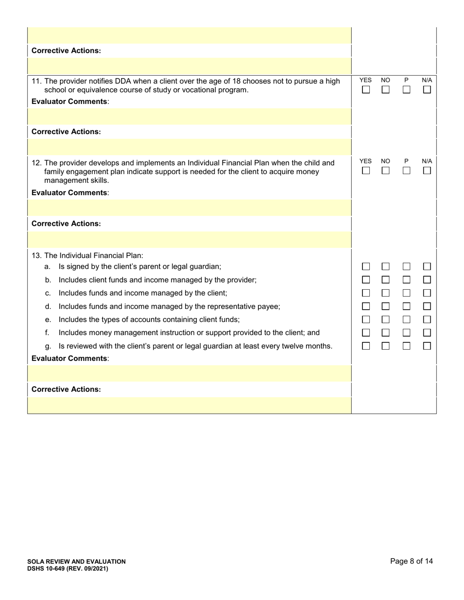 DSHS Form 10-649 Childrens State Operated Living Alternatives (Sola) Certification Evaluation - Washington, Page 8