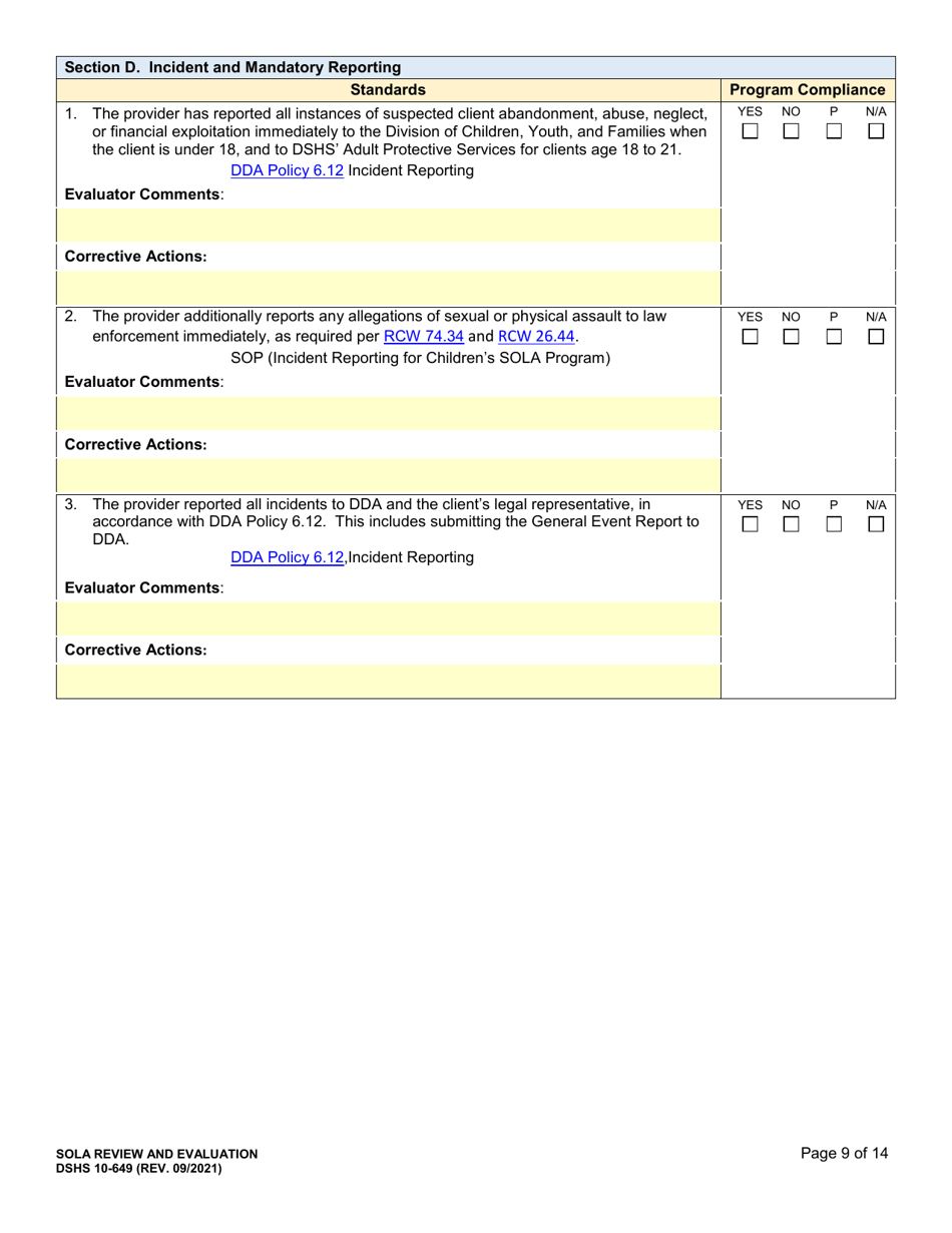 DSHS Form 10-649 Childrens State Operated Living Alternatives (Sola) Certification Evaluation - Washington, Page 9