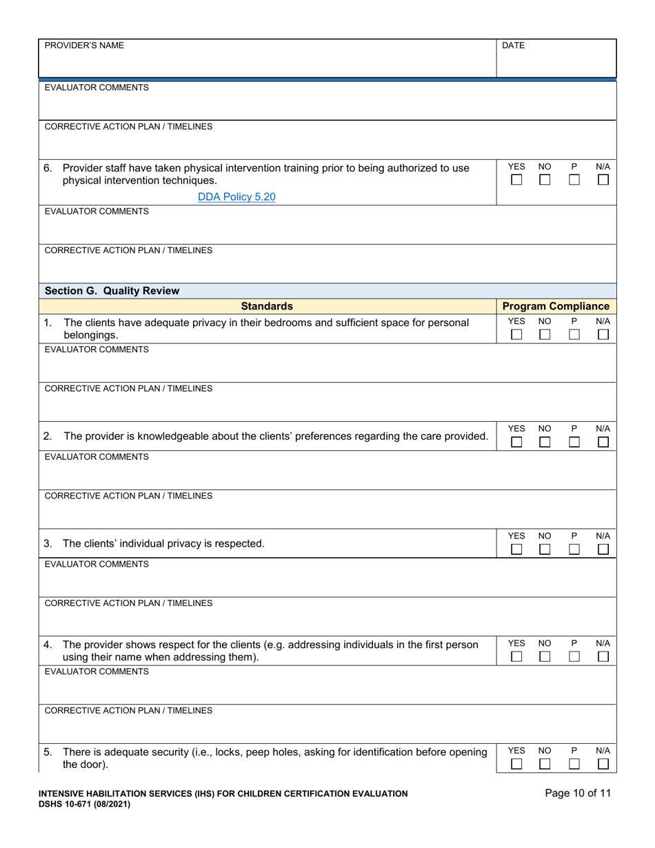 DSHS Form 10-671 Intensive Habilitation Services for Children Certification Evaluation - Washington, Page 10