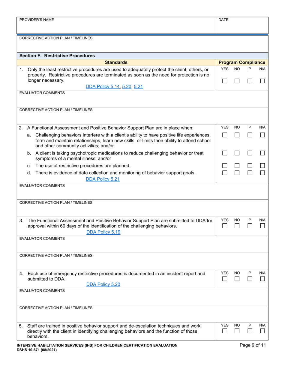 DSHS Form 10-671 Intensive Habilitation Services for Children Certification Evaluation - Washington, Page 9