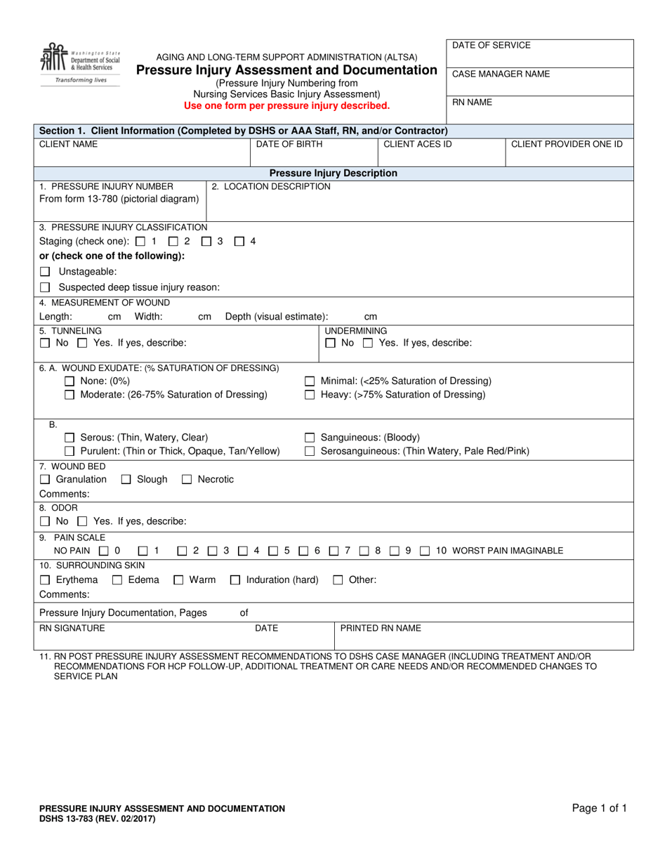 DSHS Form 13-783 Pressure Injury Assessment and Documentation - Washington, Page 1