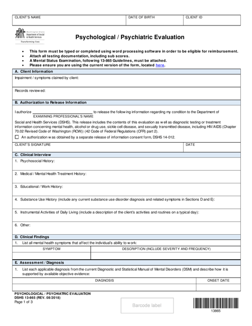 DSHS Form 13-865  Printable Pdf