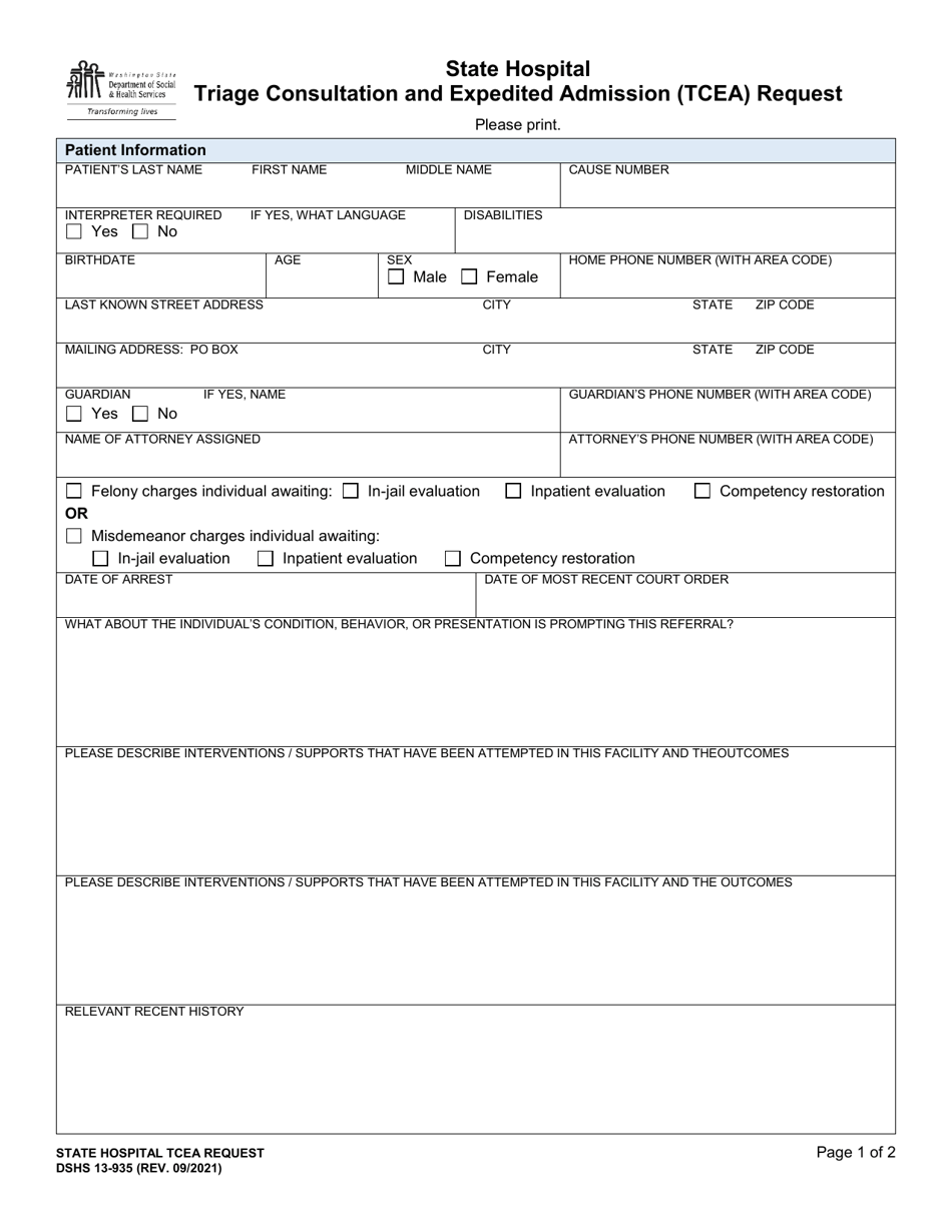 DSHS Form 13-935 State Hospital Triage Consultation and Expedited Admission (Tcea) Request - Washington, Page 1