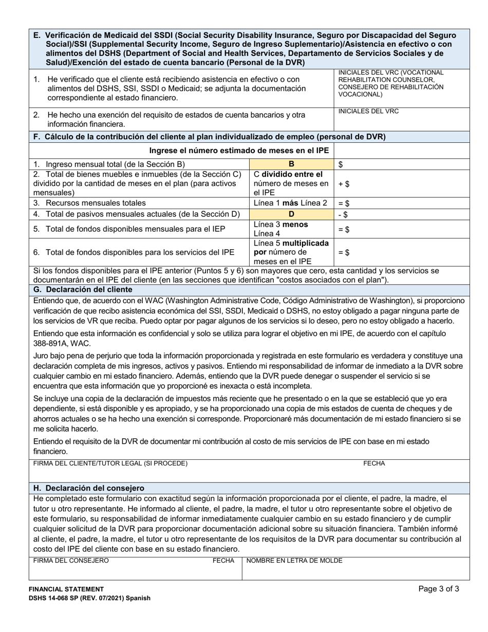 DSHS Formulario 14-068 Estado Financiero - Washington (Spanish), Page 3