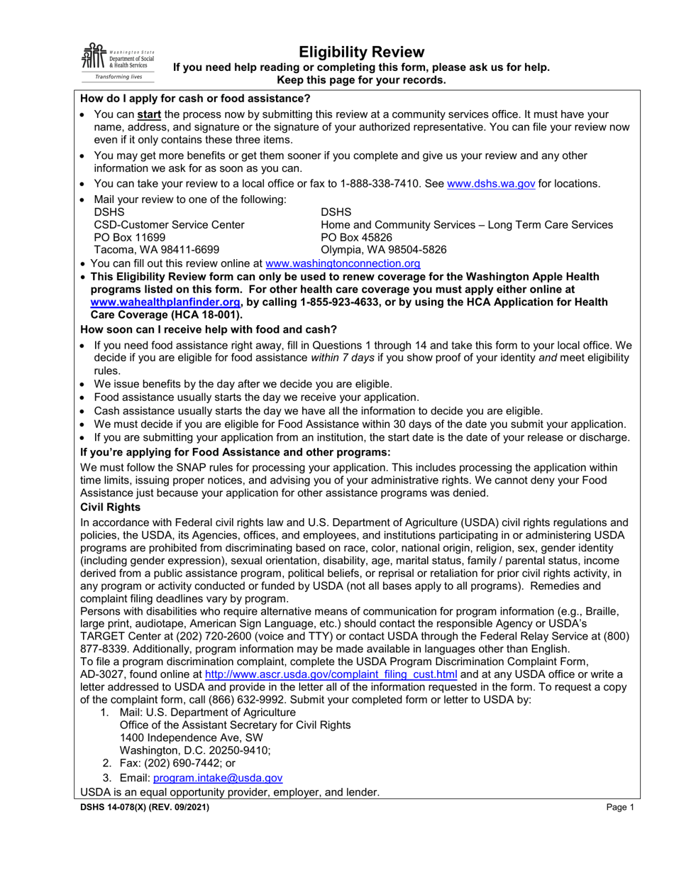 DSHS Form 14-078 Download Printable PDF or Fill Online Eligibility ...