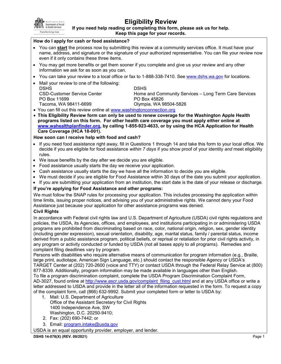 DSHS Form 14-078 Eligibility Review - Washington, Page 1