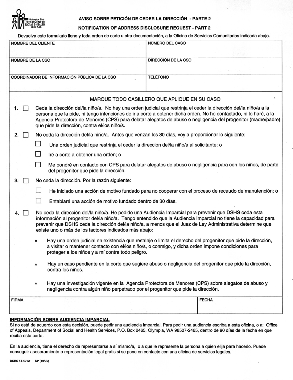 DSHS Formulario 14-401A Parte 2 Aviso Sobre Peticion De Ceder La Direccion - Washington (Spanish), Page 1