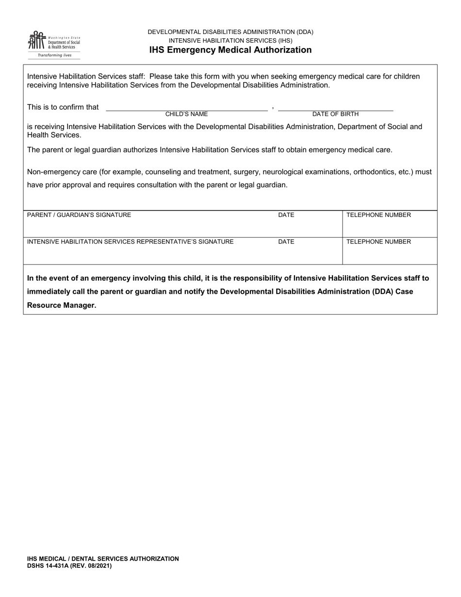 Dshs Form 14 431a Download Printable Pdf Or Fill Online Ihs Emergency Medical Authorization 9656