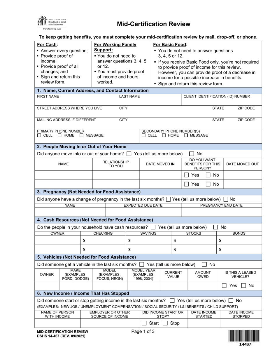 DSHS Form 14-467 Mid-certification Review - Washington, Page 1