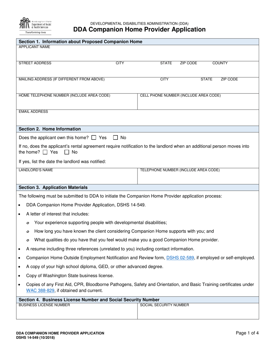 DSHS Form 14-549 Dda Companion Home Provider Application - Washington, Page 1