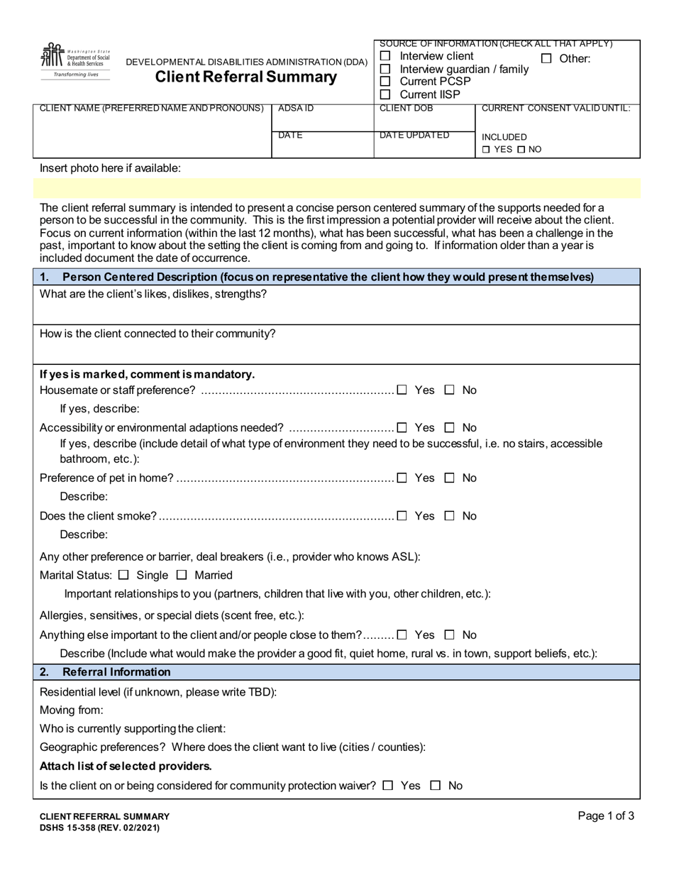 DSHS Form 15-358 Client Referral Summary - Washington, Page 1