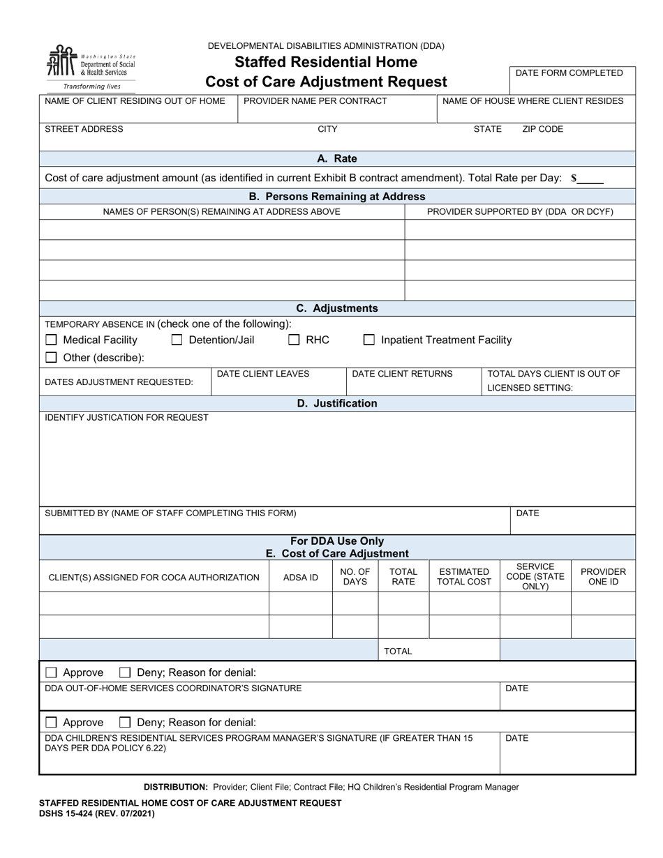 DSHS Form 15-424 Staffed Residential Home Cost of Care Adjustment Request - Washington, Page 1