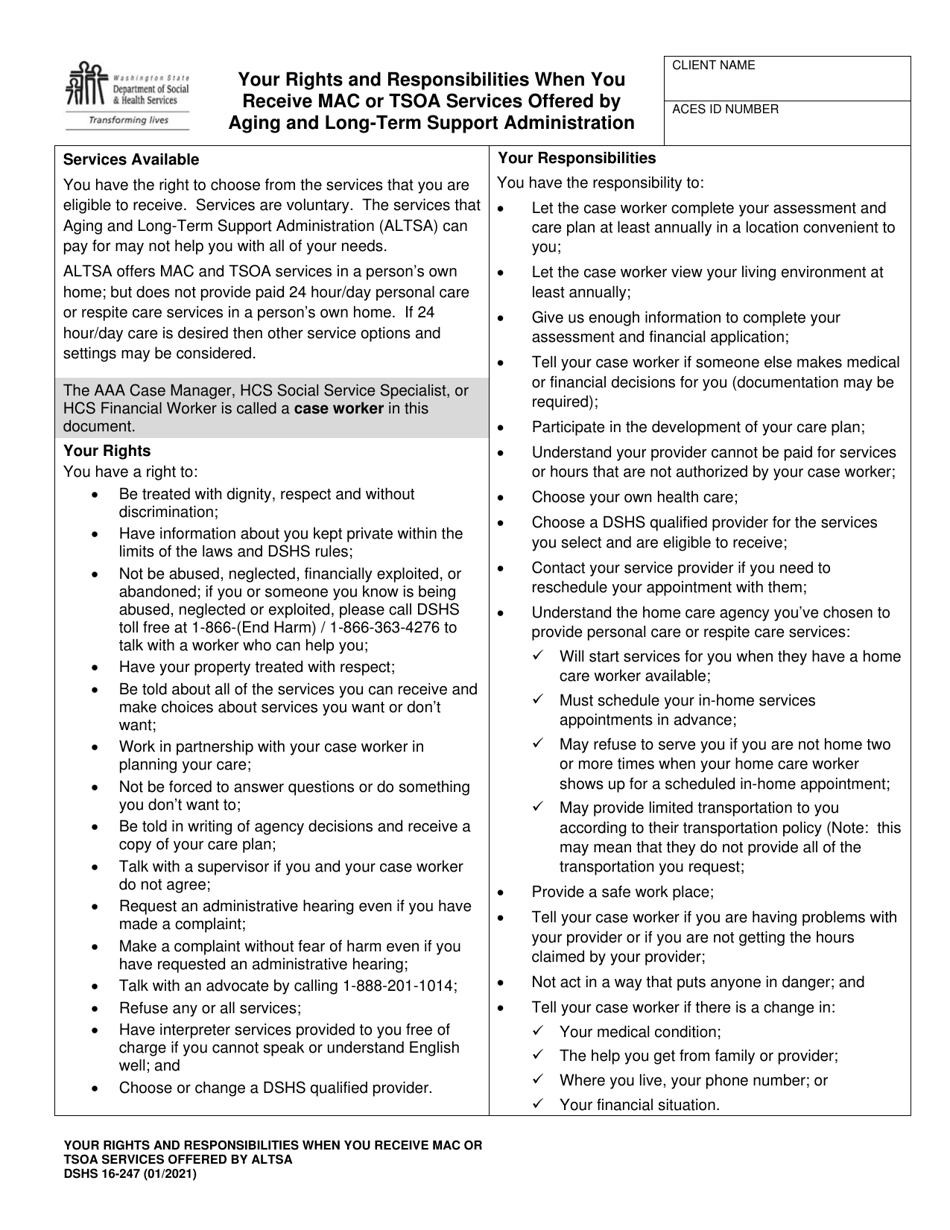 DSHS Form 16-247 Your Rights and Responsibilities When You Receive Mac or Tsoa Services Offered by Aging and Long-Term Support Administration - Washington, Page 1