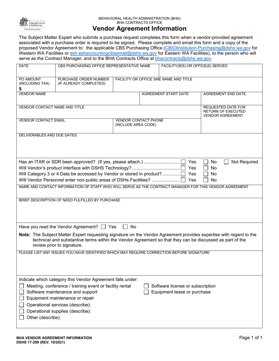 DSHS Form 17-299 Vendor Agreement Information - Washington, Page 1