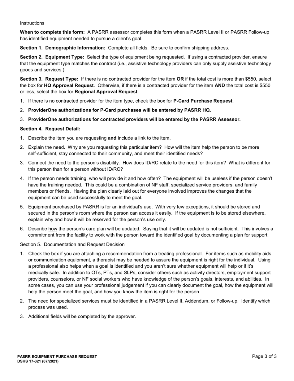 DSHS Form 17-321 Pre-admission Screening and Resident Review (Pasrr) Equipment Purchase Request - Washington, Page 3