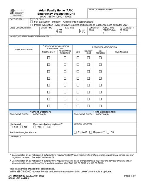 DSHS Form 21-065 Adult Family Home (Afh) Emergency Evacuation Drill - Washington