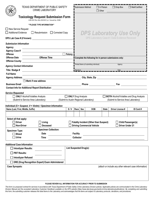 Form LAB-203 Toxicology Request Submission Form - Texas