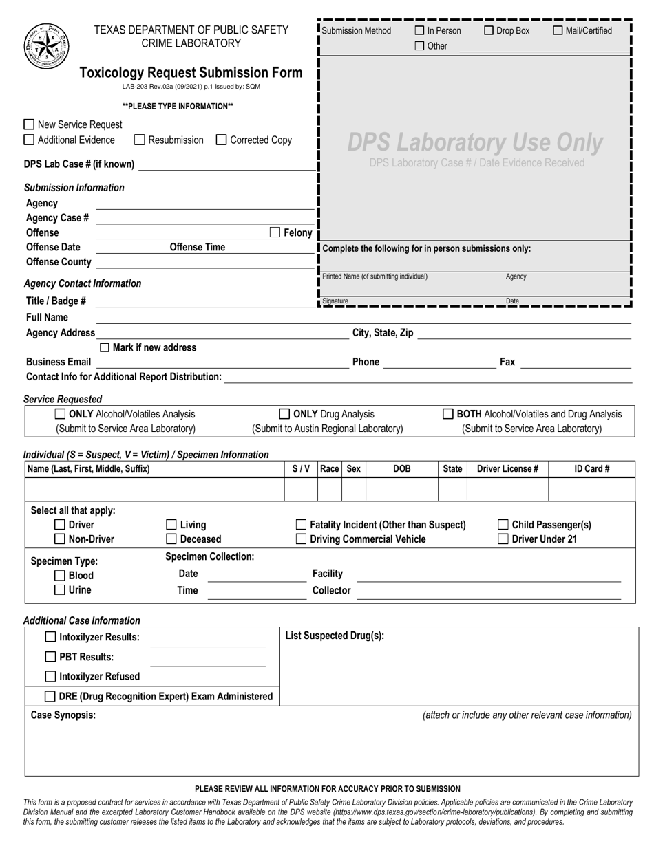 Form LAB-203 Toxicology Request Submission Form - Texas, Page 1