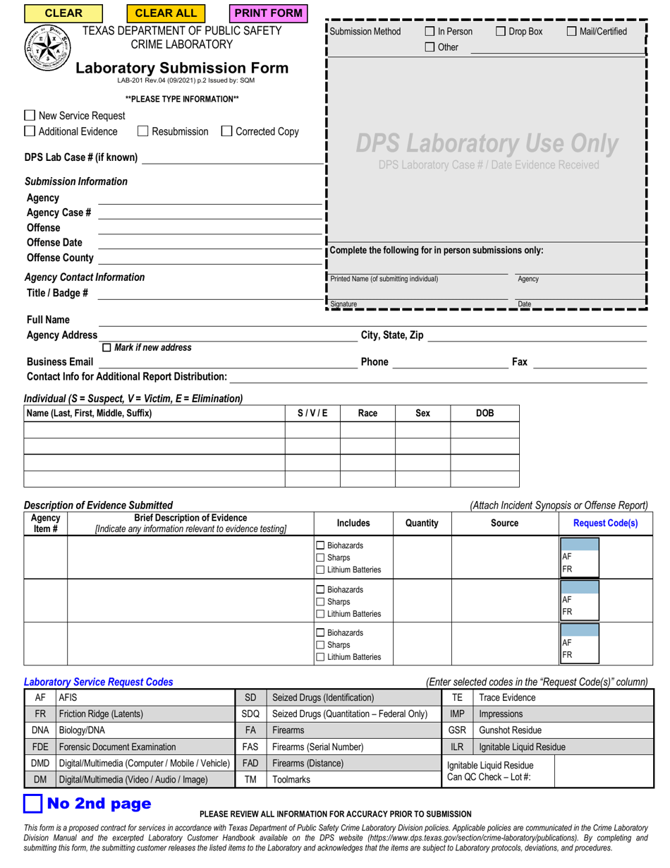 Form LAB-201 Laboratory Submission Form - Texas, Page 1