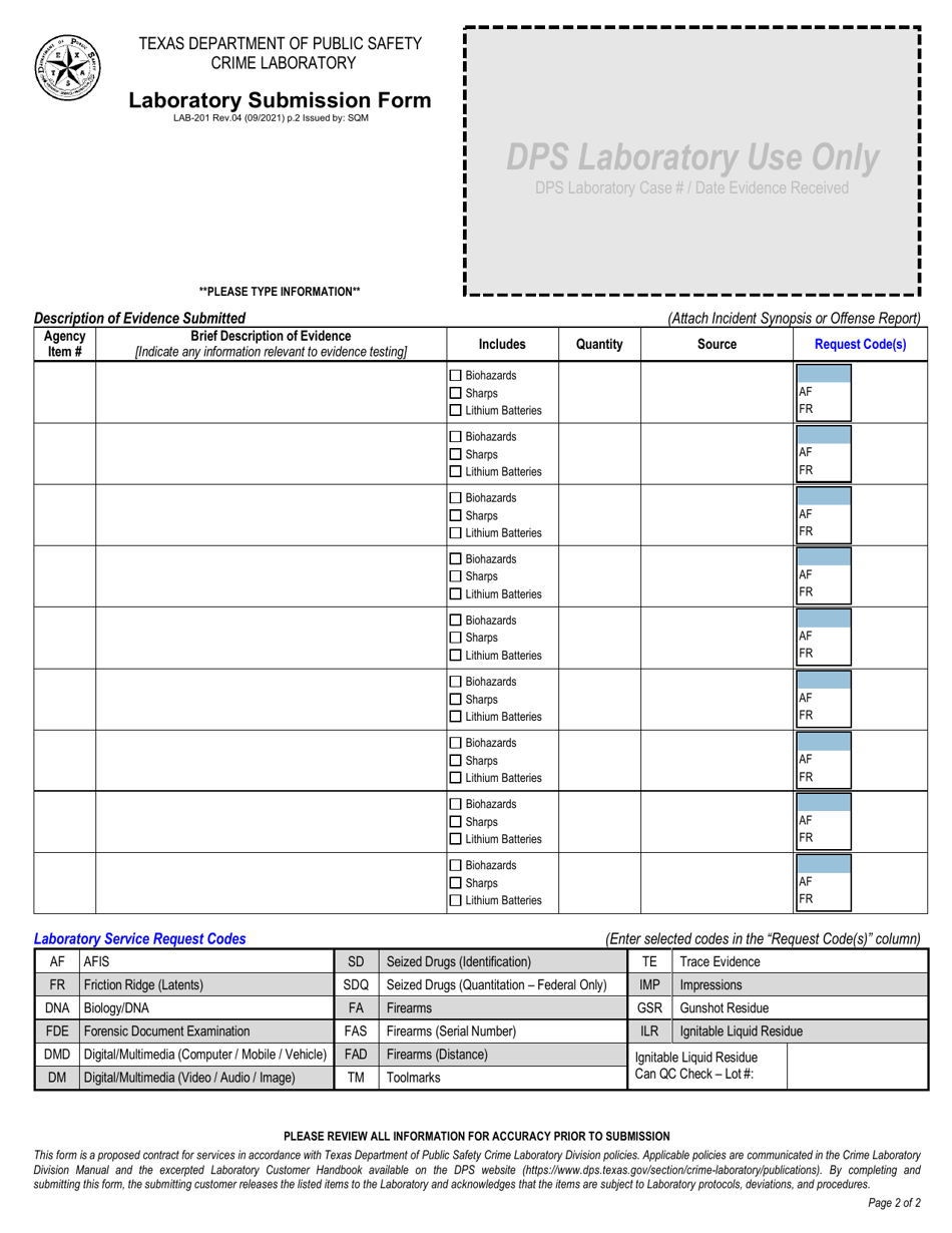Form LAB-201 Laboratory Submission Form - Texas, Page 2