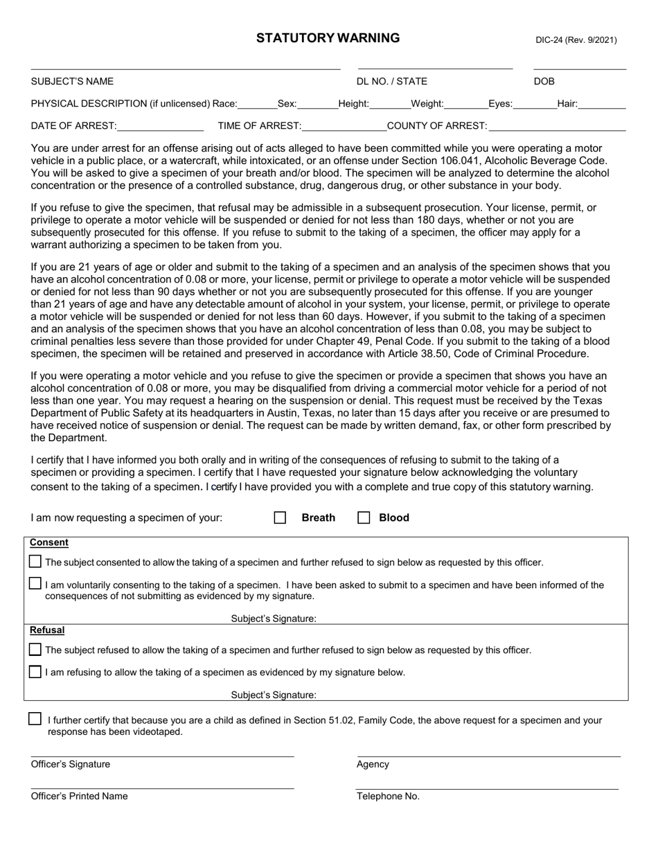 Form DIC-24 Peace Officer Dwi Statutory Warning - Texas, Page 1