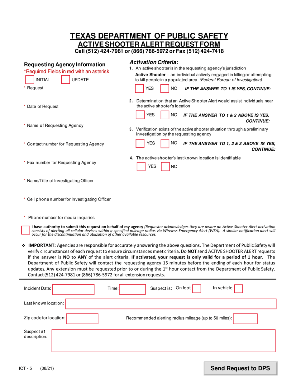 Form ICT-5 Active Shooter Alert Request Form - Texas, Page 1