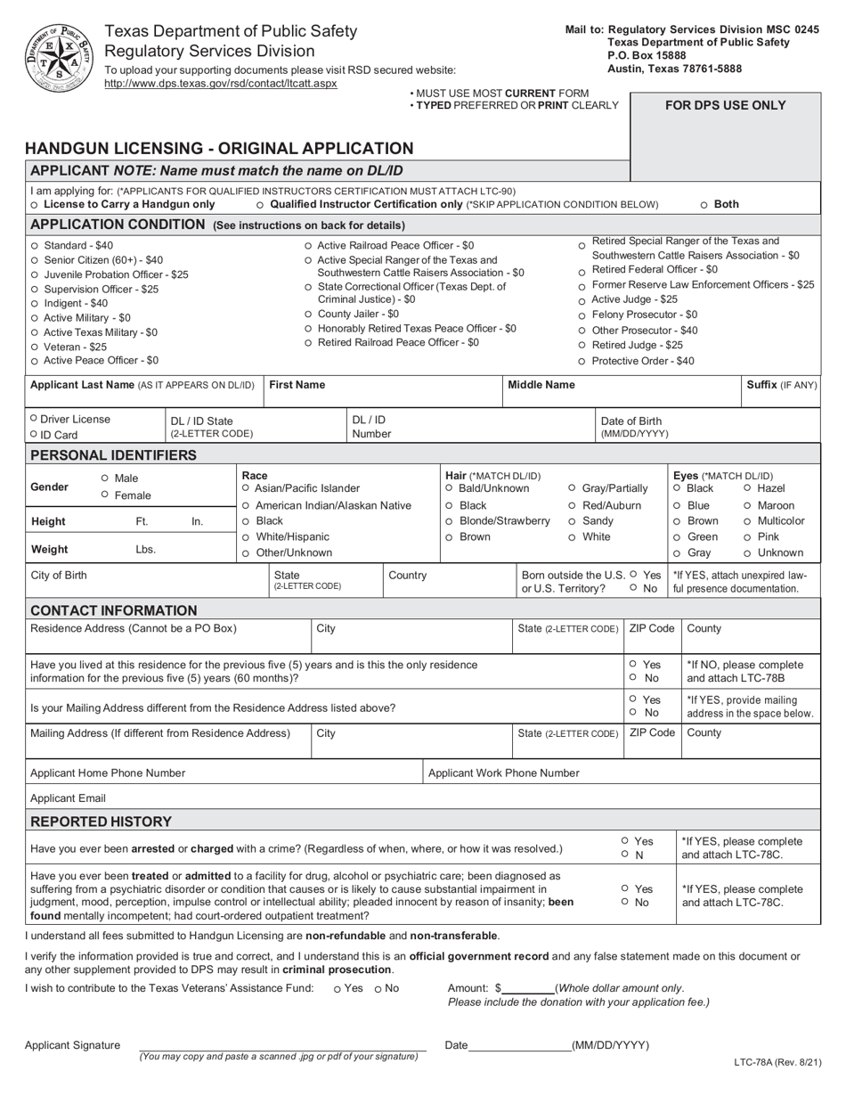 Form LTC-78A Handgun Licensing - Original Application - Texas, Page 1
