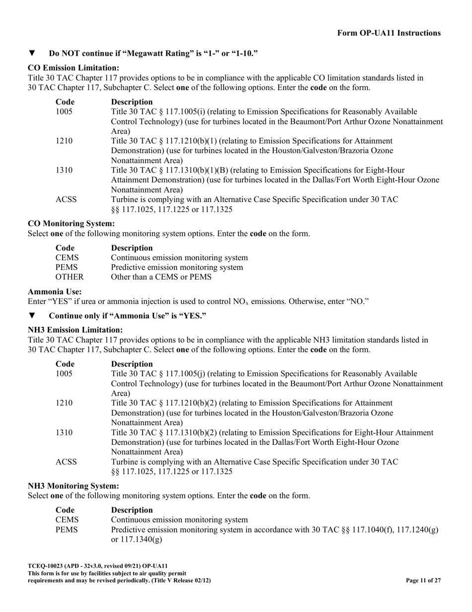 Form OP-UA11 (TCEQ-10023) Stationary Turbine Attributes - Texas, Page 11