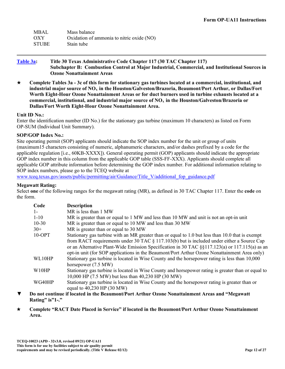 Form OP-UA11 (TCEQ-10023) Stationary Turbine Attributes - Texas, Page 12