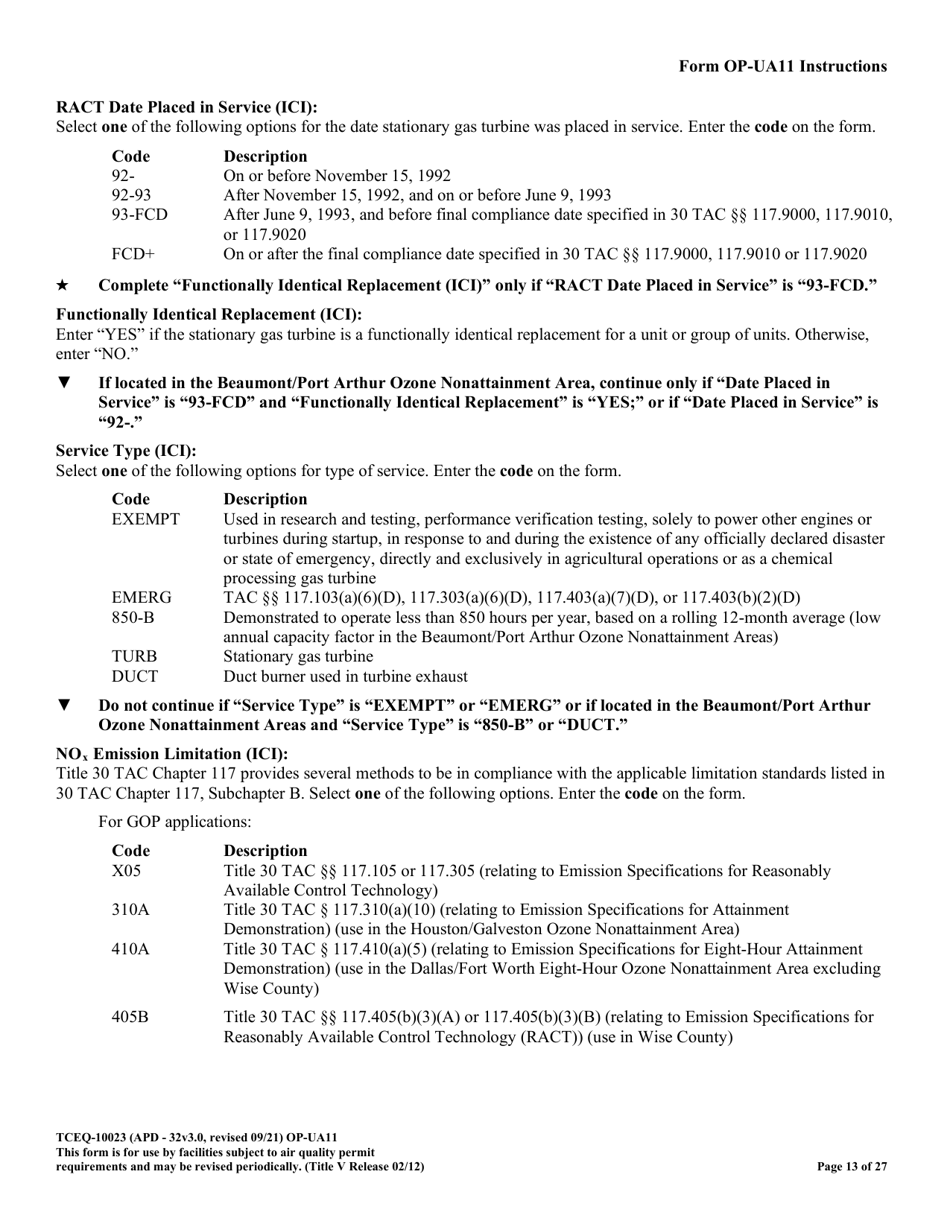 Form OP-UA11 (TCEQ-10023) Stationary Turbine Attributes - Texas, Page 13