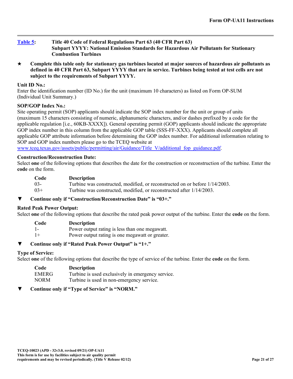 Form OP-UA11 (TCEQ-10023) Stationary Turbine Attributes - Texas, Page 21