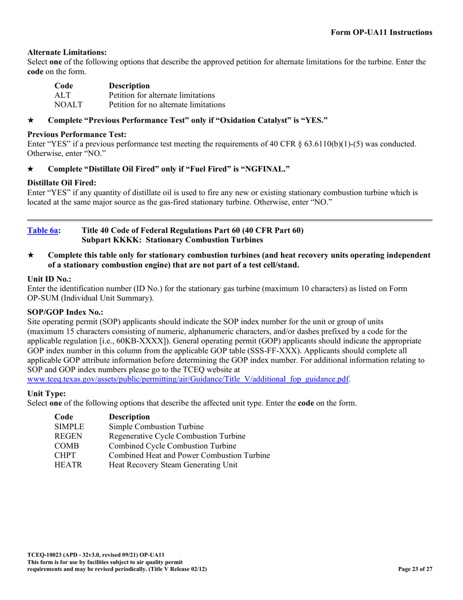 Form OP-UA11 (TCEQ-10023) Stationary Turbine Attributes - Texas, Page 23