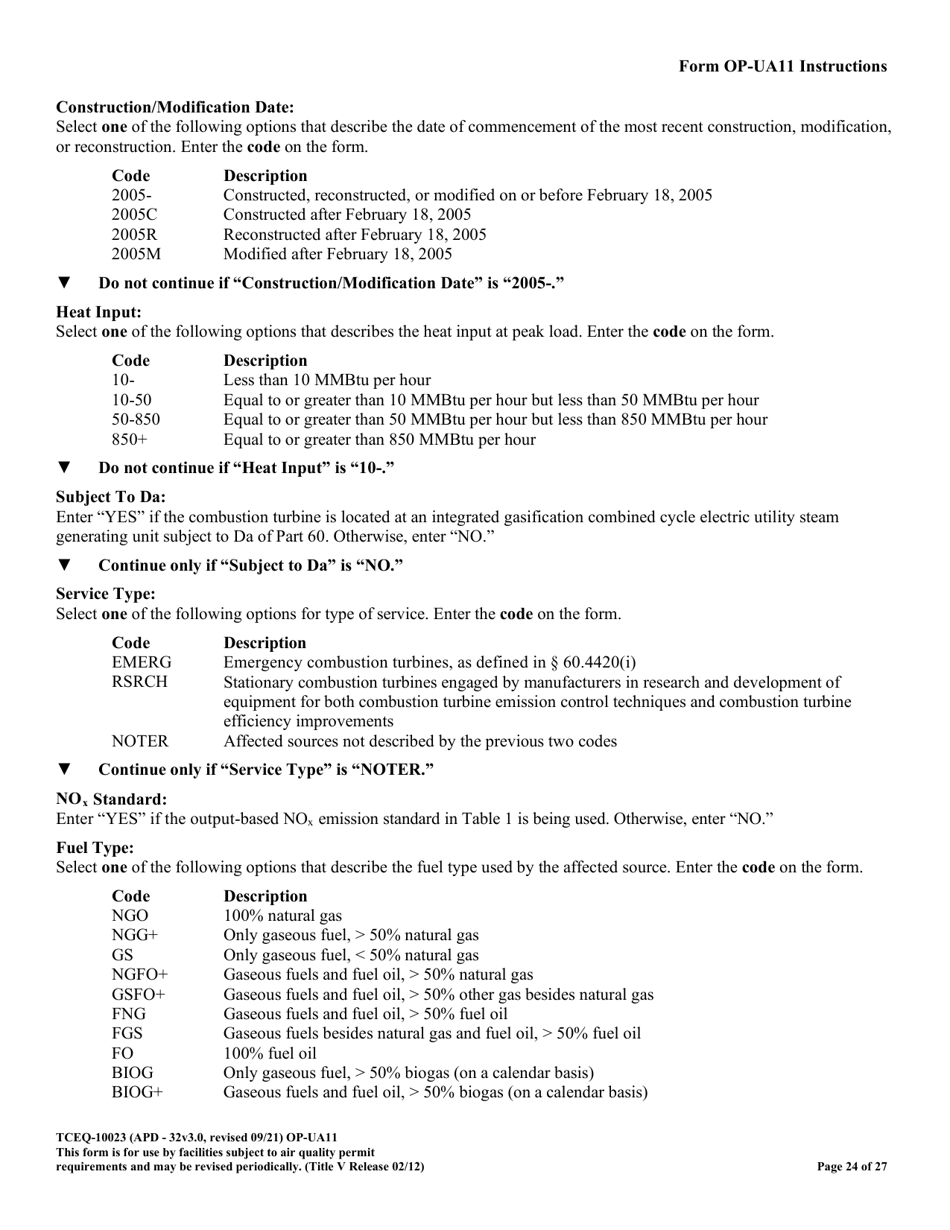 Form OP-UA11 (TCEQ-10023) Stationary Turbine Attributes - Texas, Page 24
