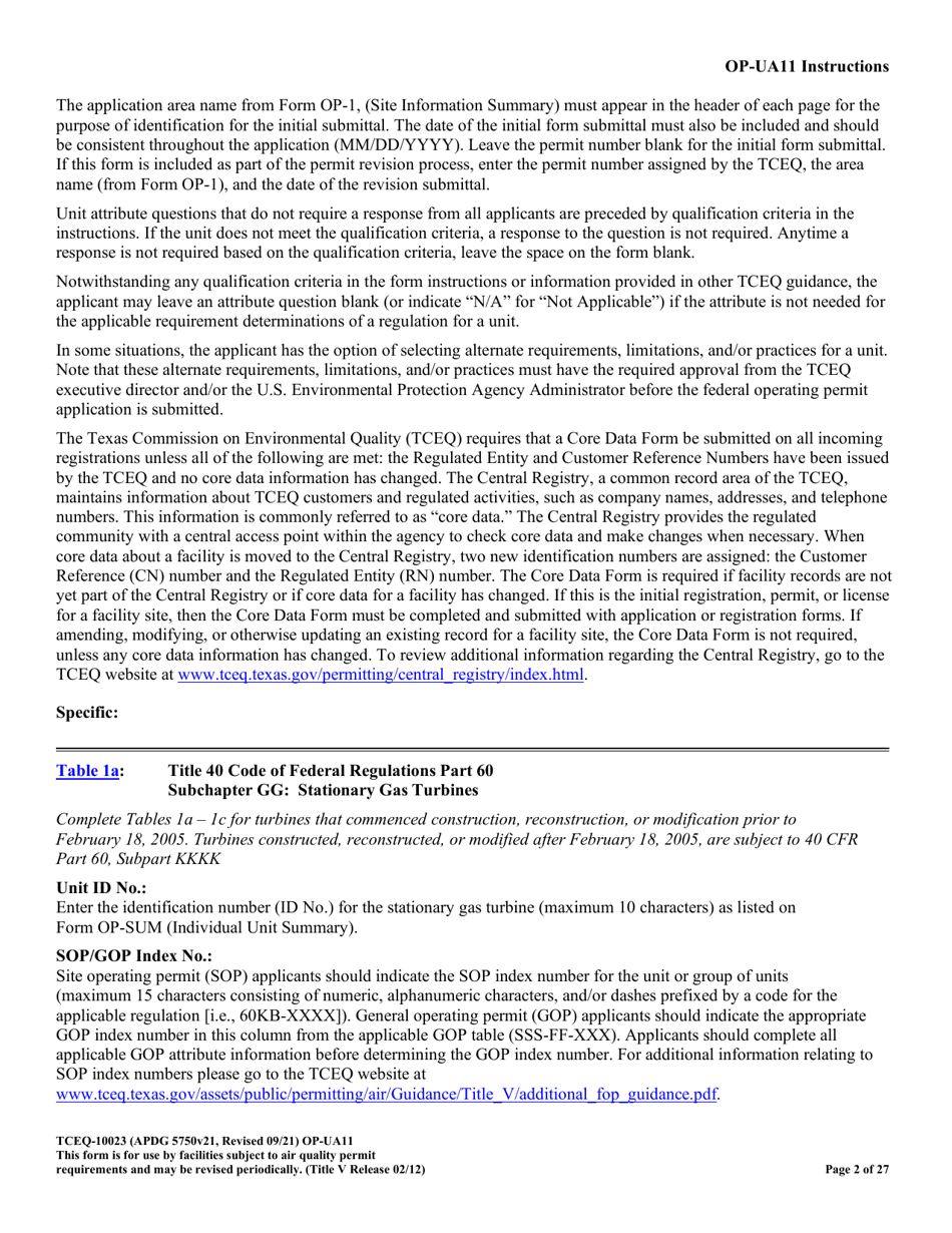 Form OP-UA11 (TCEQ-10023) Stationary Turbine Attributes - Texas, Page 2