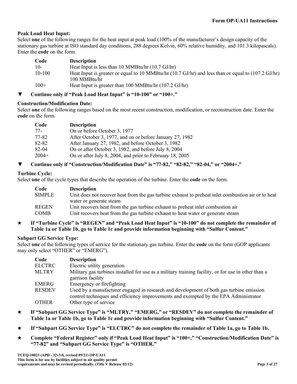 Form OP-UA11 (TCEQ-10023) Stationary Turbine Attributes - Texas, Page 3