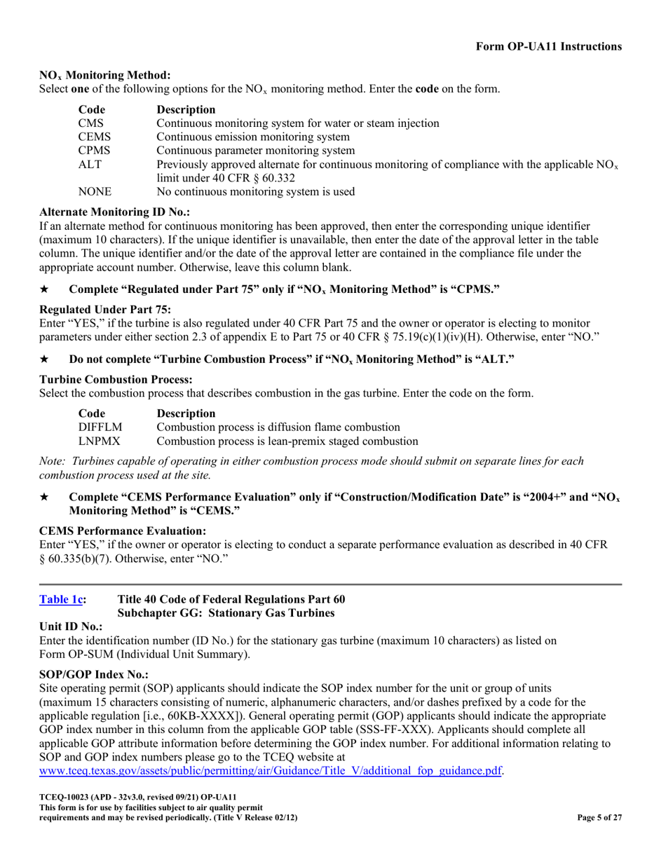 Form OP-UA11 (TCEQ-10023) Stationary Turbine Attributes - Texas, Page 5