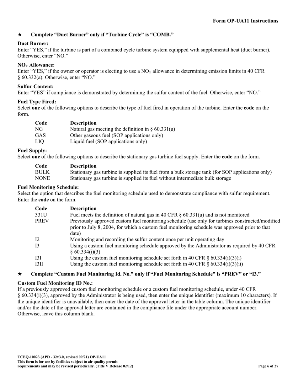 Form OP-UA11 (TCEQ-10023) Stationary Turbine Attributes - Texas, Page 6