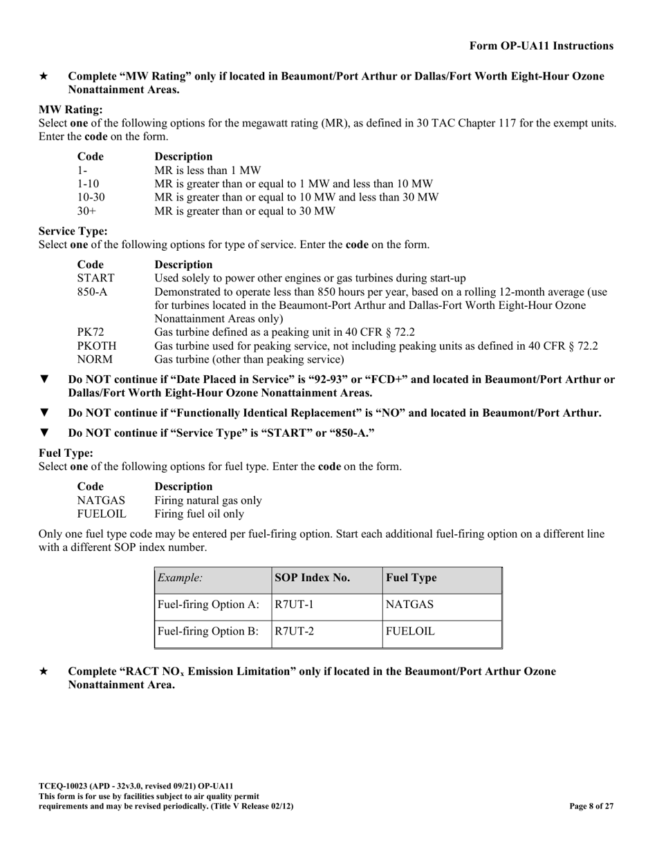 Form OP-UA11 (TCEQ-10023) Stationary Turbine Attributes - Texas, Page 8