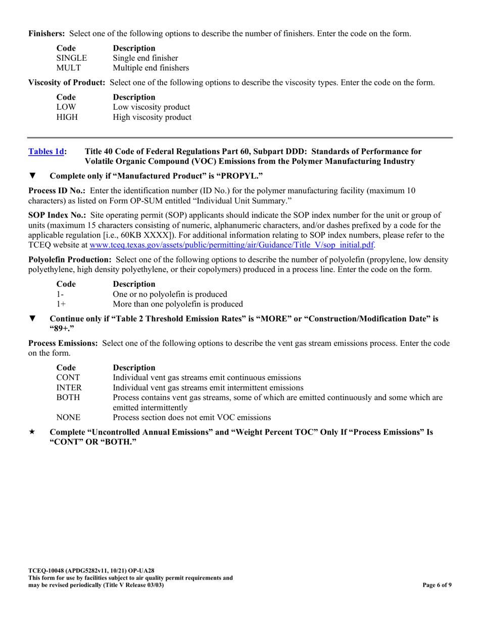 Form OP-UA28 (TCEQ-10048) Polymer Manufacturing Attributes - Texas, Page 6