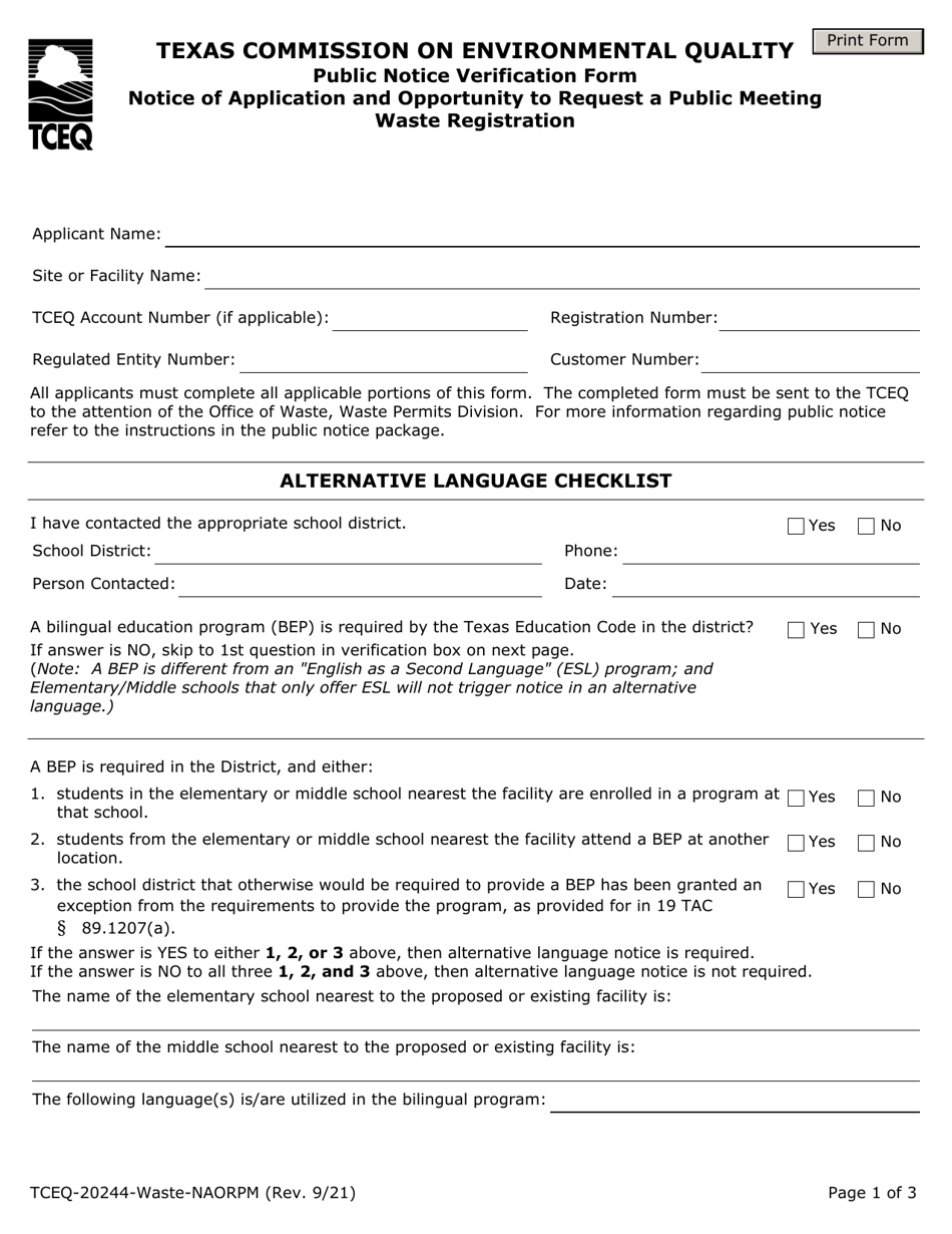 Form TCEQ-20244-WASTE-NAORPM Waste Permit Public Notice Verification Form for Notice of Application and Opportunity to Request a Public Meeting, for Waste Registration (Naorpm) - Texas, Page 1