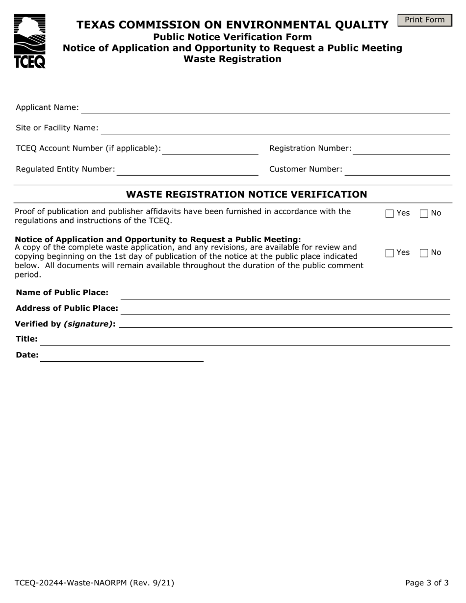 Form TCEQ-20244-WASTE-NAORPM Waste Permit Public Notice Verification Form for Notice of Application and Opportunity to Request a Public Meeting, for Waste Registration (Naorpm) - Texas, Page 3