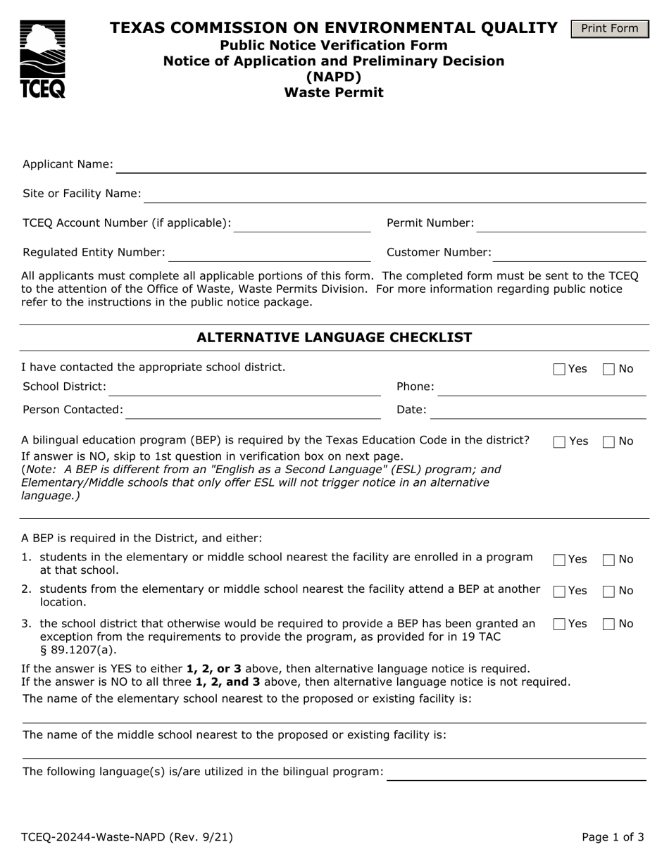 Form TCEQ-20244-WASTE-NAPD Waste Permit Public Notice Verification Form for Notice of Application and Preliminary Decision (Napd) - Texas, Page 1