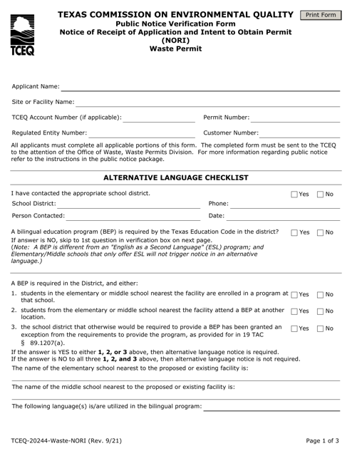 Form TCEQ-20244-WASTE-NORI  Printable Pdf