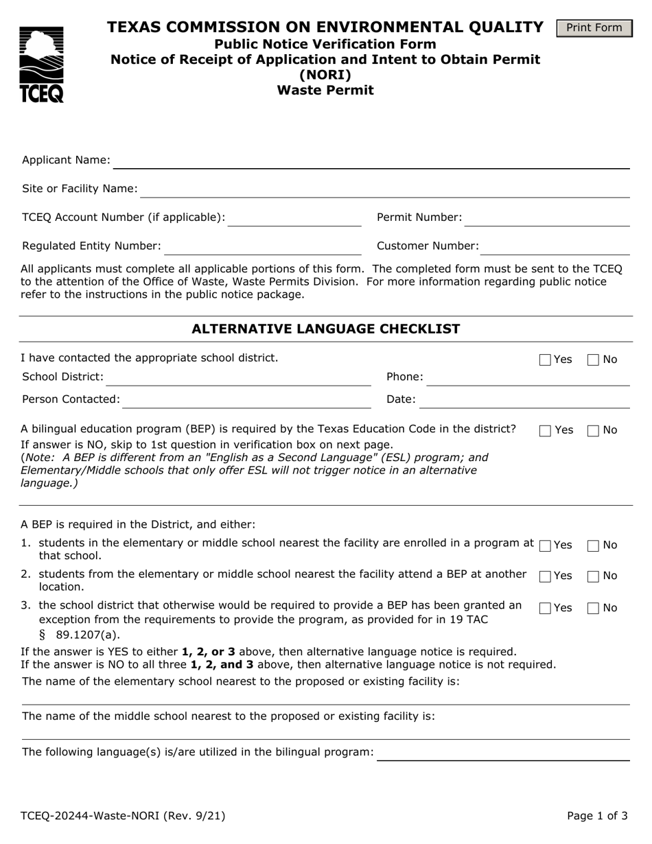 Form TCEQ-20244-WASTE-NORI Waste Permit Public Notice Verification Form for Notice of Receipt of Application and Intent to Obtain Permit (Nori) - Texas, Page 1
