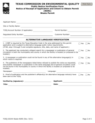 Form TCEQ-20244-WASTE-NORI Waste Permit Public Notice Verification Form for Notice of Receipt of Application and Intent to Obtain Permit (Nori) - Texas, Page 2