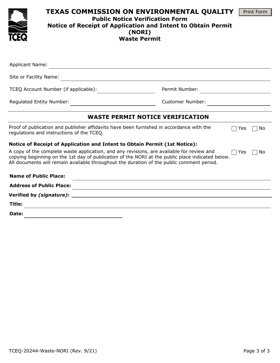 Form TCEQ-20244-WASTE-NORI Waste Permit Public Notice Verification Form for Notice of Receipt of Application and Intent to Obtain Permit (Nori) - Texas, Page 3