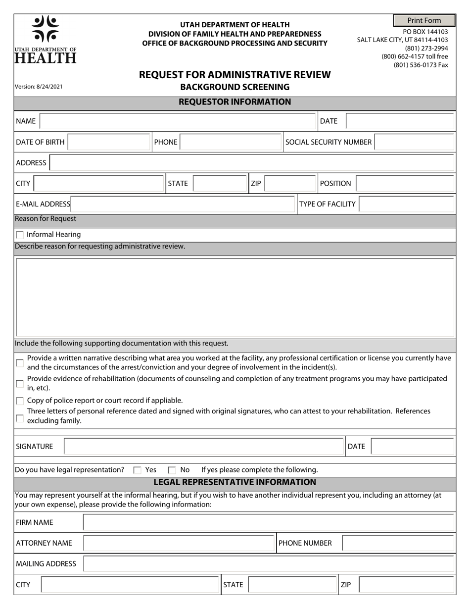 Request for Administrative Review - Background Screening - Utah, Page 1