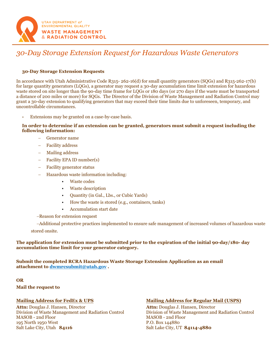 Utah 30day Storage Extension Request for Hazardous Waste Generators