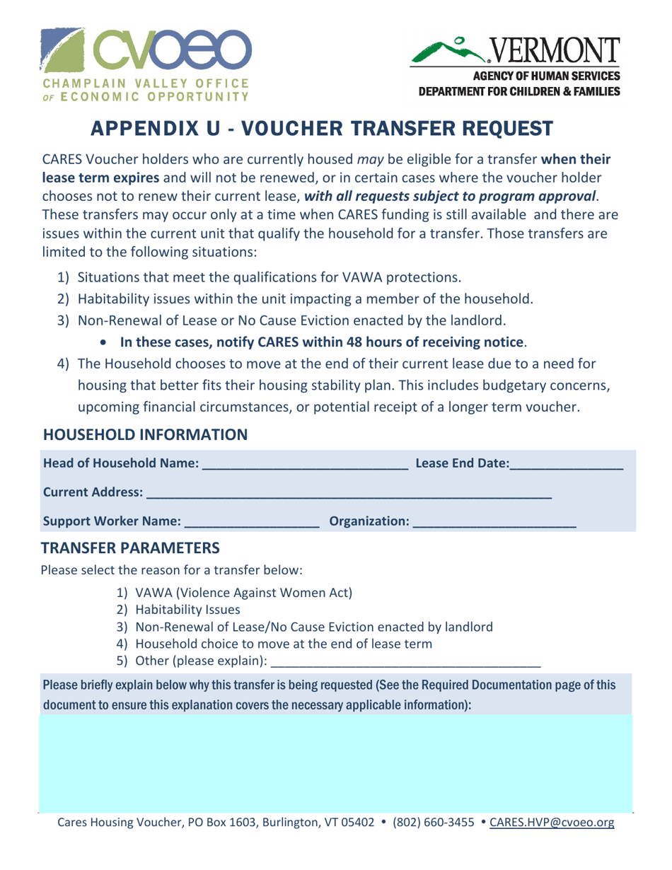 Appendix U Voucher Transfer Request - Vermont, Page 1