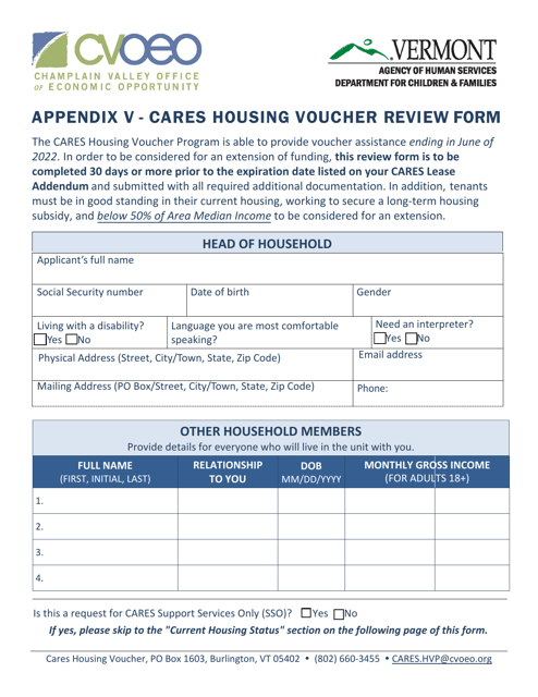 Appendix V Cares Housing Voucher Review Form - Vermont, 2022